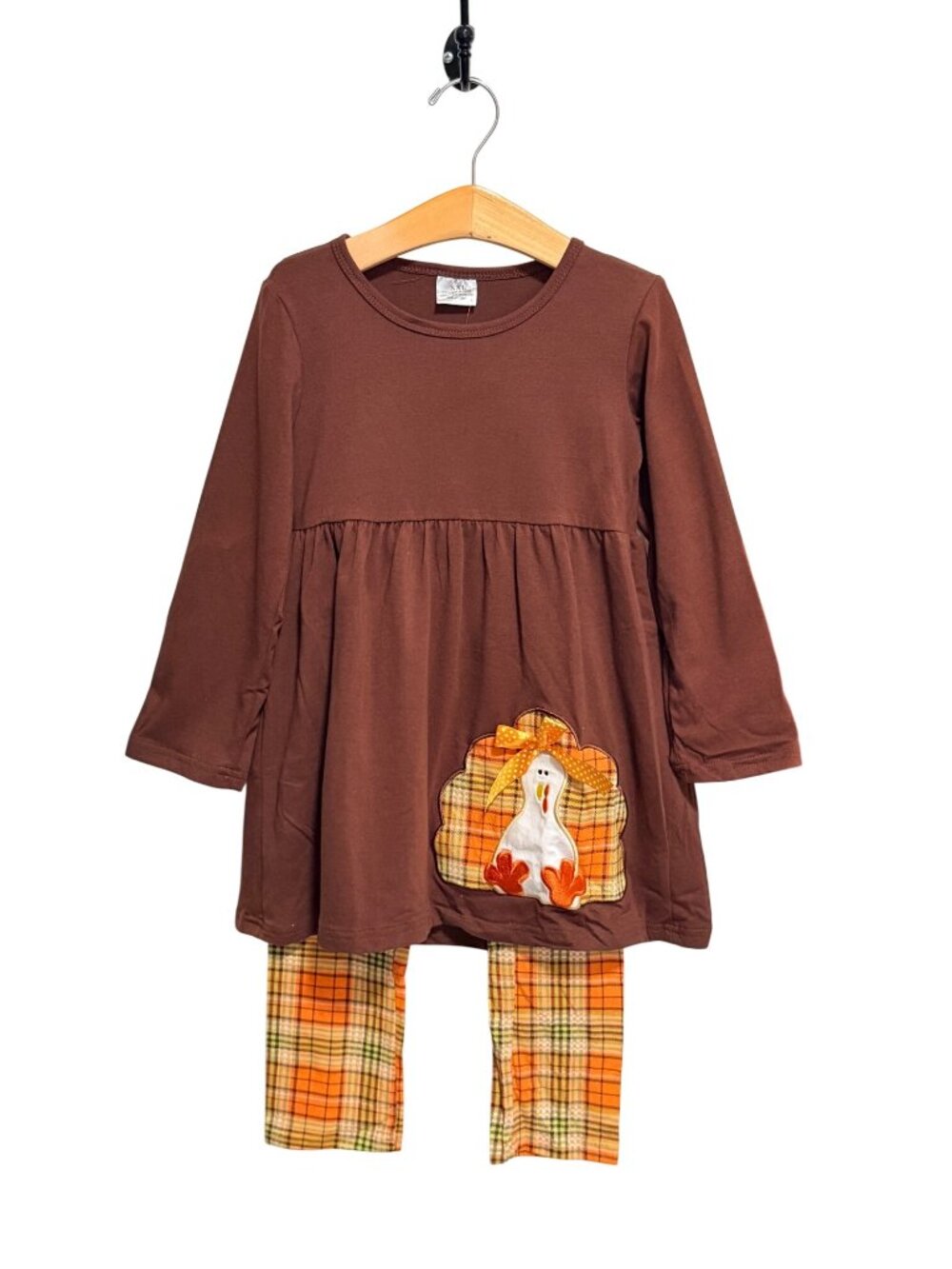 Thanksgiving Outfit Girls 5T Turkey Applique Dress & Plaid Leggings Set Brown